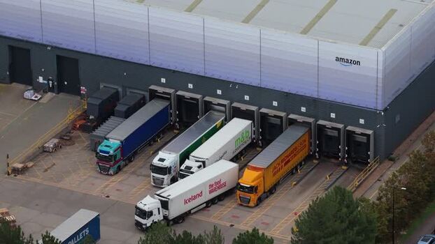 Aerial view of Amazon logistics center in Broughton United Kingdom.