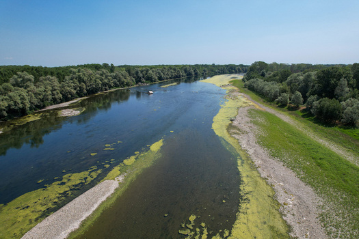 Aerial view of the Po river with green algae on the water surface gravel banks and dense forest under a clear blue sky in Morano sul Po Piedmont Italy. Aerial view of the Po river with green algae on the water surface gravel banks and dense forest under a clear blue sky in Morano sul Po Piedmont Italy.
