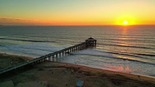 Aerial view of Manhattan Beach Pier at sunset United States.