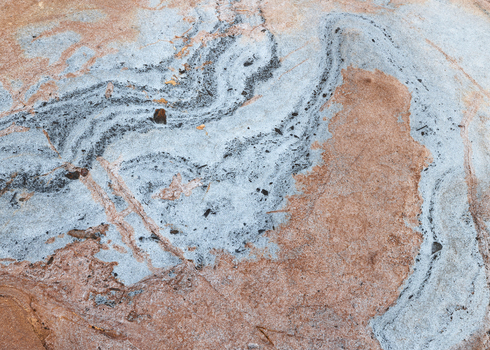 View of the natural swirling patterns and mineral veins on the surface of the coastal sandstone rocks at Calafuria Toscana Italy.