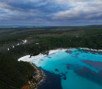 Aerial view of Bettys Beach with turquoise water white sand and surrounding coastal vegetation in Albany WA Australia. Aerial view of Bettys Beach with turquoise water white sand and surrounding coastal vegetation in Albany WA Australia.