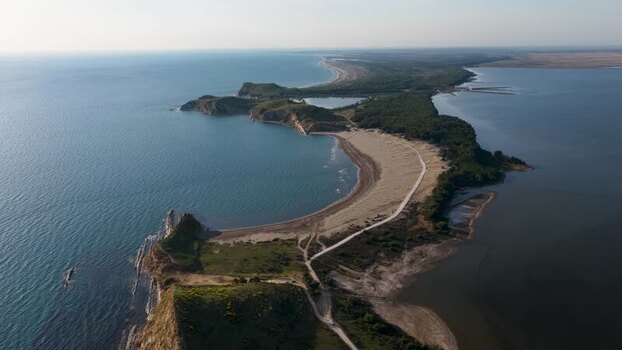 Aerial view of the sandy coastline and Narta Lagoon Albania.