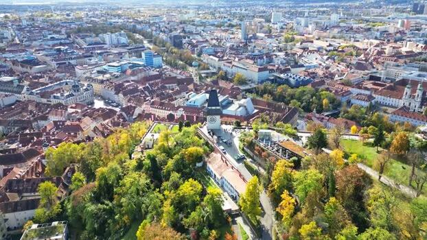 Aerial view of Schlossberg clock tower in Graz Austria.