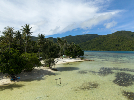Aerial view of Bobby Beach s turquoise waters meeting white sands under a canopy of palm trees framed by verdant hills Karimunjawa Central Java Indonesia.