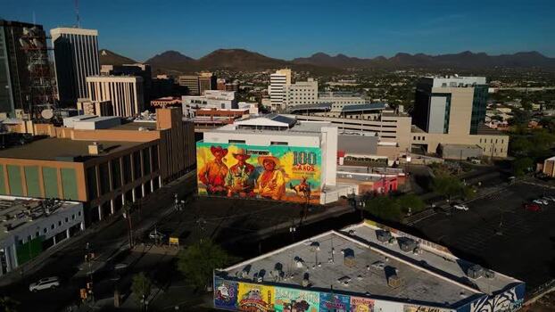 Aerial view of Tucson buildings and mural United States. Aerial view of Tucson buildings and mural United States.