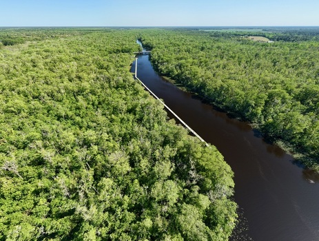 Aerial view of Sixmile Creek winding through a dense green forest with a long boardwalk along the riverbank under a clear blue sky St. Johns County Florida United States.