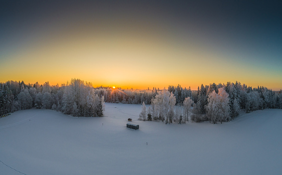 Aerial view of a snow covered field and frost covered forest during a golden sunrise in Latvia. Aerial view of a snow covered field and frost covered forest during a golden sunrise in Latvia.