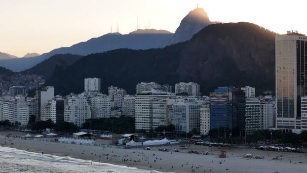 Aerial view of Copacabana Beach and city skyline Brazil.