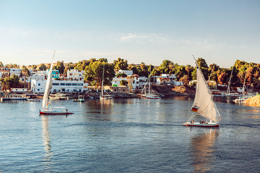 View of traditional felucca sailboats with white sails on the Nile river near the waterfront with Nubian houses and lush trees Aswan Aswan Governorate Egypt. View of traditional felucca sailboats with white sails on the Nile river near the waterfront with Nubian houses and lush trees Aswan Aswan Governorate Egypt.