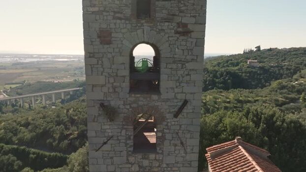 Aerial view of San Pantaleone bell tower in Massarosa Italy. Aerial view of San Pantaleone bell tower in Massarosa Italy.