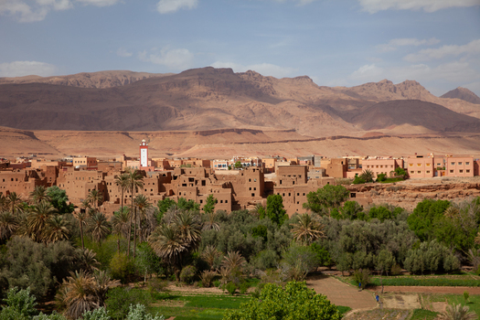 View of a traditional mud brick village with a prominent minaret nestled among lush palm trees and agricultural fields against a backdrop of arid mountains in Morocco.