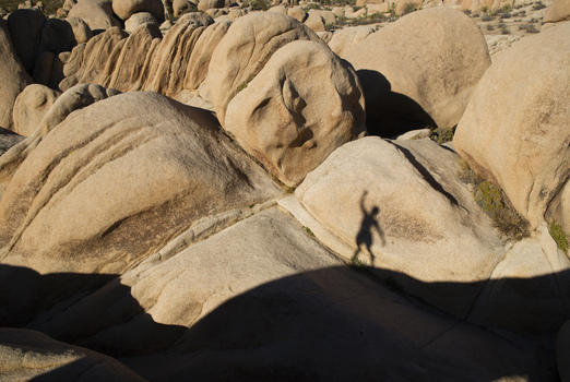 View of the iconic rounded monzogranite boulders in the desert landscape of Joshua Tree National Park with a human shadow cast on the rock surface in Joshua Tree California United States.