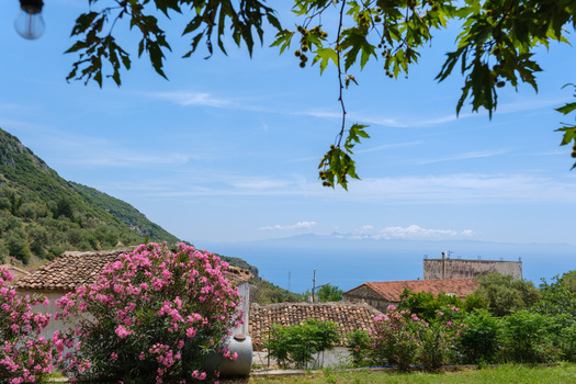 View of stone houses with tiled roofs vibrant pink oleander flowers and the blue Ionian Sea under a clear sky Qeparo Fshat Vlore County Albania. View of stone houses with tiled roofs vibrant pink oleander flowers and the blue Ionian Sea under a clear sky Qeparo Fshat Vlore County Albania.