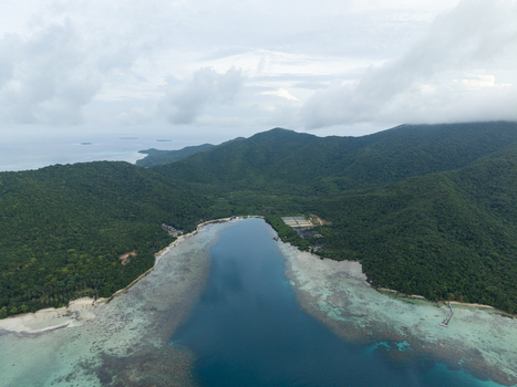 Aerial view of the tranquil waters meet the lush green coastline under a cloudy sky Karimunjawa Central Java Indonesia.