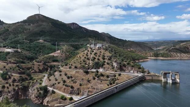 Aerial view of Barragem da Pracana dam and hills Portugal.