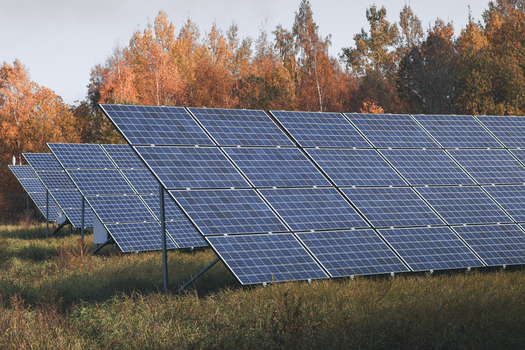 View of solar panels installed in a field surrounded by autumn trees in Otepaa Valga County Estonia. View of solar panels installed in a field surrounded by autumn trees in Otepaa Valga County Estonia.