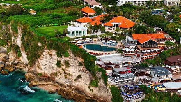 Aerial view of coastal resort in Bali Indonesia.