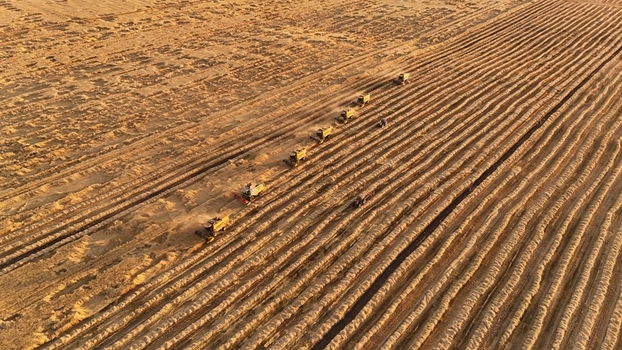 Kadinhani Turkiye 24 September 2026 Aerial view of combine harvesters working in a line across a vast golden wheat field during the harvest season in rural Konya. Kadinhani Turkiye 24 September 2026 Aerial view of combine harvesters working in a line across a vast golden wheat field during the harvest season in rural Konya.