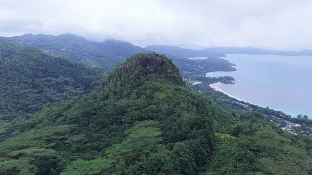 Aerial view of lush mountain peak near the coast Seychelles.