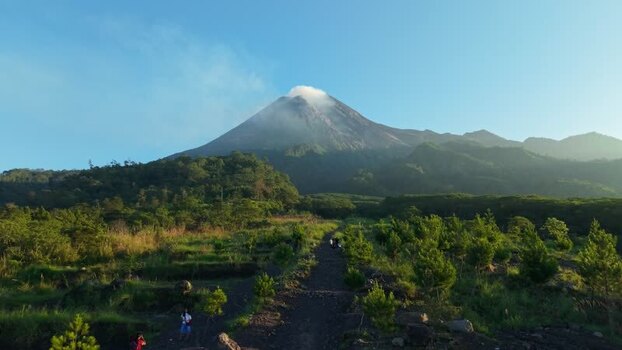 Aerial view of Bunker Kaliadem Merapi and Mount Merapi Indonesia.
