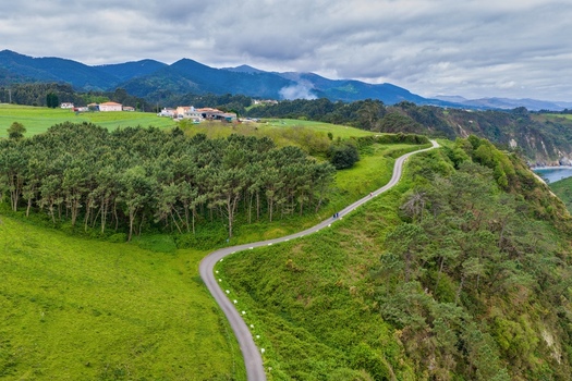Aerial view of a winding road along the lush green cliffs near the Silence Beach Viewpoint with pine forests and mountains under a cloudy sky in Cudillero Asturias Spain.