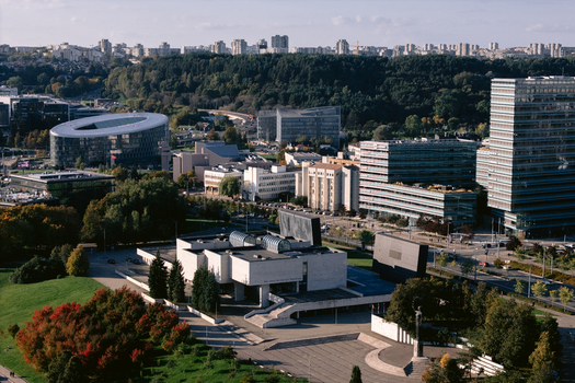 Aerial view of the National Gallery of Art surrounded by modern office buildings and lush greenery in Vilnius Vilnius County Lithuania.