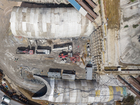 Aerial view of a large construction site featuring tunnel segments heavy machinery and earthworks in Istanbul Istanbul Turkey.