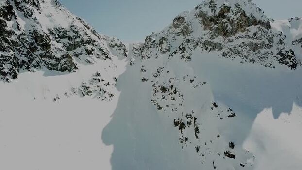 Aerial view of snow covered peaks in Baqueira Spain.