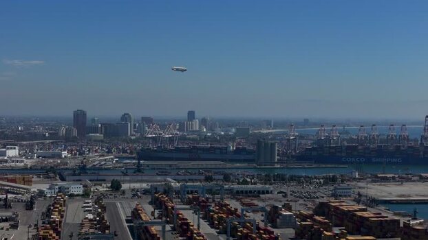 Aerial view of the Port of Long Beach and skyline United States.