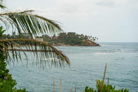 View of surfers riding waves in the turquoise ocean near a palm fringed headland under a cloudy sky in Mirissa Southern Province Sri Lanka. View of surfers riding waves in the turquoise ocean near a palm fringed headland under a cloudy sky in Mirissa Southern Province Sri Lanka.