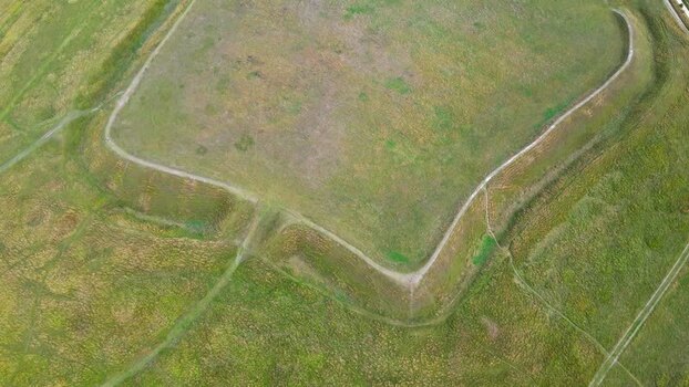 Aerial view of Uffington White Horse earthworks in United Kingdom.