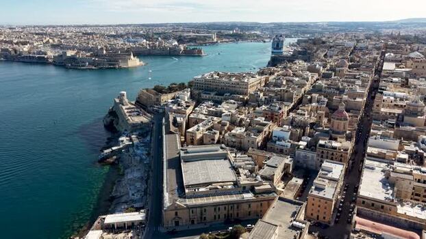 Aerial view of the historic city and Grand Harbour in Valletta Malta.