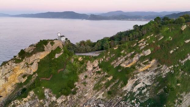 Aerial view of Getariako Itsasargia lighthouse in Spain.