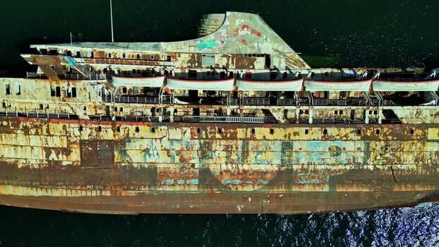Aerial view of the rusted shipwreck Greece.