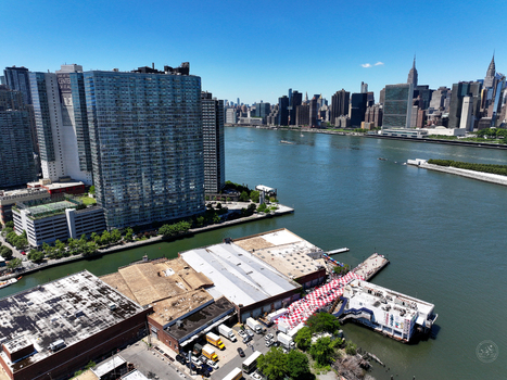 Long Island City United States 13 June 2026 Aerial view of the Croatia FIFA World Cup fan zone on the waterfront with the East River and Manhattan skyline in the background.
