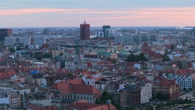 Aerial view of Poznan city skyline at sunset Poland.
