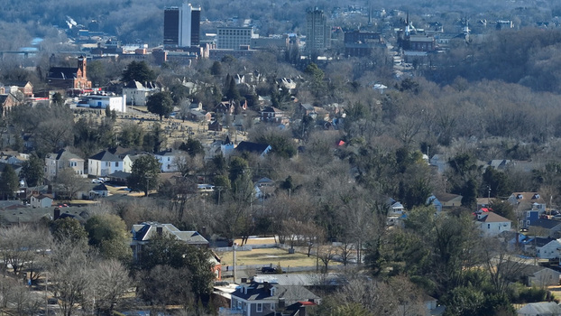Aerial view of the residential neighborhoods and urban skyline of Lynchburg Virginia United States. Aerial view of the residential neighborhoods and urban skyline of Lynchburg Virginia United States.