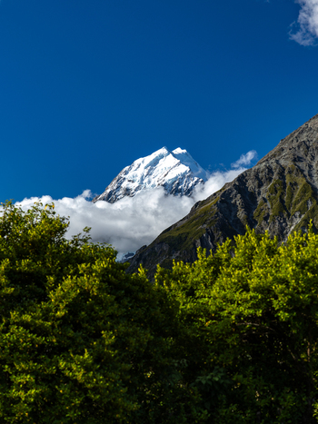 View of snow capped Mount Cook peak piercing the azure sky framed by verdant trees and misty clouds a serene landscape Mount Cook Canterbury Region New Zealand. View of snow capped Mount Cook peak piercing the azure sky framed by verdant trees and misty clouds a serene landscape Mount Cook Canterbury Region New Zealand.