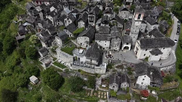 Aerial view of Corippo Albergo Diffuso and stone houses Switzerland. Aerial view of Corippo Albergo Diffuso and stone houses Switzerland.