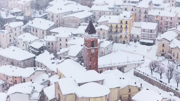 Aerial view of snow covered Rivisondoli village Italy.