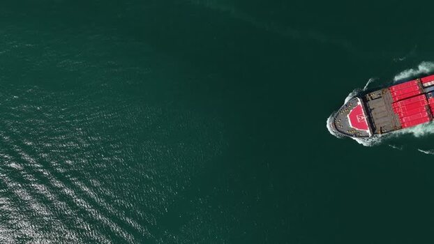 Aerial view of a cargo ship in the ocean Portugal.