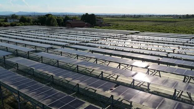 Aerial view of solar panels in Faenza Italy.