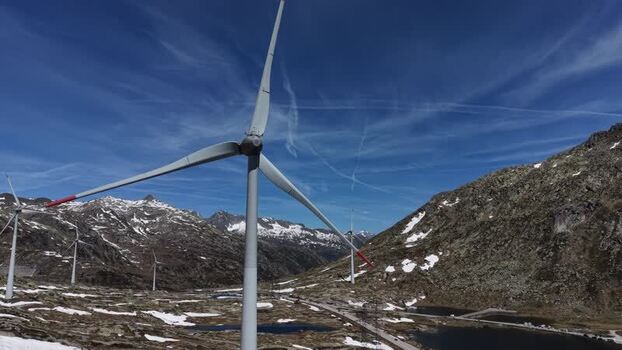 Aerial view of wind turbines at San Gottardo wind Park Switzerland.