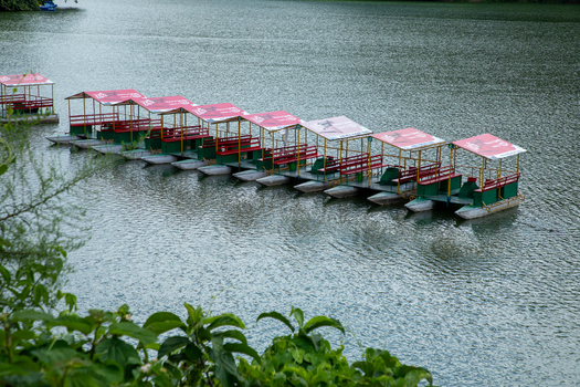 Pokhara Nepal 31 July 2026 View of a row of colorful pedal boats with red canopies floating on the calm water of Phewa Lake in Pokhara Gandaki Province Nepal.