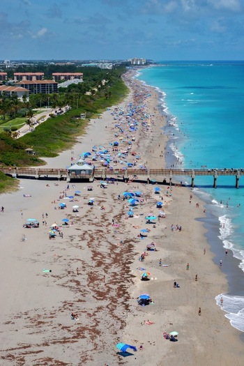 Aerial view of the crowded sandy shoreline and Juno Beach Pier with turquoise ocean waves and colorful umbrellas Juno Beach Florida United States. Aerial view of the crowded sandy shoreline and Juno Beach Pier with turquoise ocean waves and colorful umbrellas Juno Beach Florida United States.