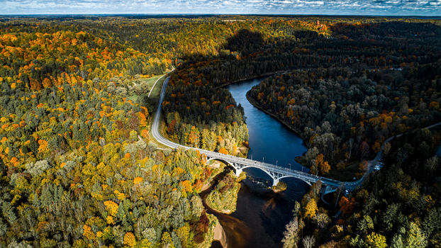 Aerial view of the Gauja Bridge spanning the river amidst a vibrant autumn forest with colorful foliage in Sigulda Sigulda Municipality Latvia. Aerial view of the Gauja Bridge spanning the river amidst a vibrant autumn forest with colorful foliage in Sigulda Sigulda Municipality Latvia.