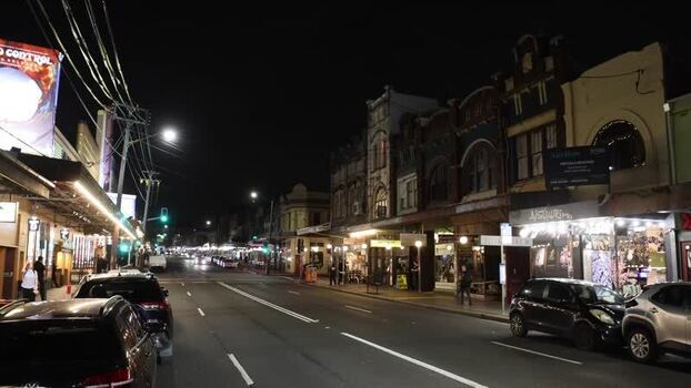 View of a street at night in Sydney Australia.