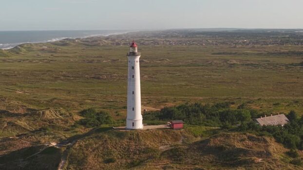 Aerial view of Lyngvig Lighthouse in Hvide Sande Denmark.