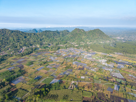 Aerial view of the agricultural fields and rural landscape of Sumberurip featuring patchwork plots and lush green mountains in Pronojiwo East Java Indonesia. Aerial view of the agricultural fields and rural landscape of Sumberurip featuring patchwork plots and lush green mountains in Pronojiwo East Java Indonesia.