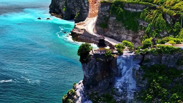 Aerial view of Uluwatu Temple on a cliff in Indonesia.